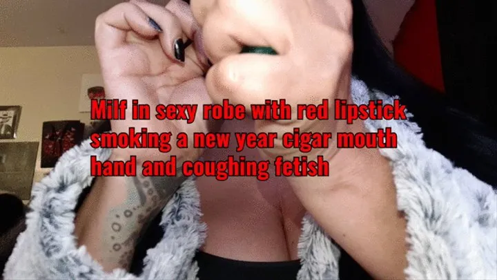 Milf in red lipstick and sexy robe Smokes a New Year Cigar