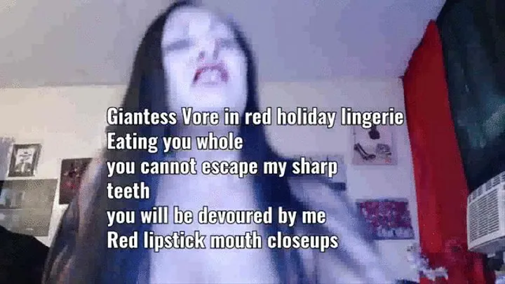 Giantess Vore in red holiday lingerie Eating you whole you cannot escape my sharp teeth you will be devoured by me Red lipstick mouth closeups