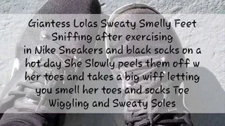 Giantess Lolas Sweaty Smelly Feet Sniffing after exercising in Nike Sneakers and black socks on a hot day She Slowly peels them off w her toes and takes a big wiff letting you smell her toes and socks Toe Wiggling and Sweaty Soles