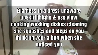 Giantess Towers over you in a dress unaware upskirt thighs & ass view cooking washing dishes cleaning she squashes and steps on you thinking your a bug when she noticed you mkv