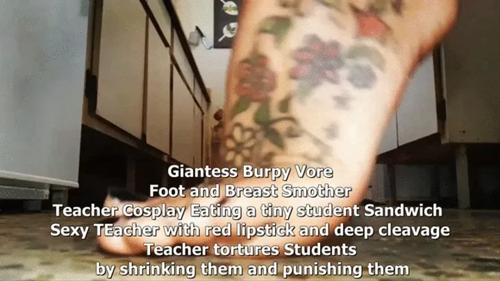 Sexy Teacher Cosplay Giantess Burpy Vore Foot and Breast Smother Eating a tiny student Sandwich Sexy TEacher with red lipstick and deep cleavage Teacher Students by shrinking them and punishing them