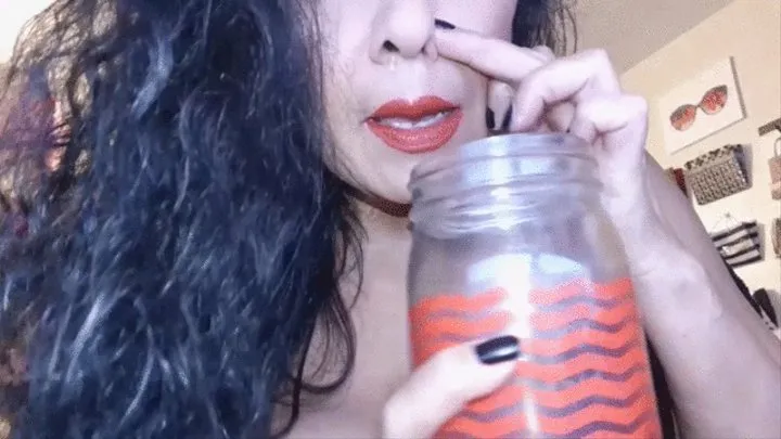 Beautiful Latina Milf REd Lipstick and too small Bra Huge Breast Bulging OUt Snot Nose Blowing and Spit Fetish Blowing My Big Nose into a cup and Spitting into a Cup To Jerk off a dildo with