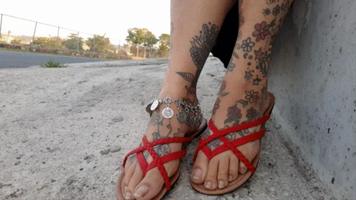 latina milf Giantess lolas Red strappy sandals Flip Flops Public outside Shoe Play Dangling Toe tapping Slapping against Soles with jingly coin anklet AsMr Sounds