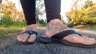 Giantess lolas Nike Flip Flops ShoePlay Dipping & Toe Wiggling Take a walk with me ASMR flip flop walking slapping against soles sounds