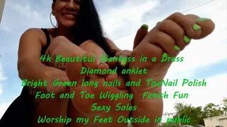 Beautiful Giantess in a Dress Worship my Sexy Soles feet and toes outside in public sexy bright green nails