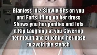 Giantess lola Slowly Sits on you and Farts lifting up her dress Shows you her panties and lets it Rip Laughing at you Covering her mouth and pinching her nose to avoid the stench