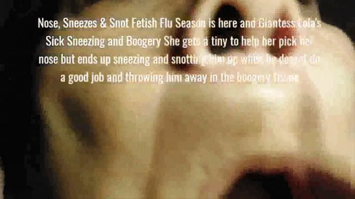 Nose, Sneezes & Snot Fetish Flu Season is here and Giantess Lola's Sick Sneezing and Boogery She gets a tiny to help her pick her nose but ends up sneezing and snotting him up when he doesnt do a good job and throwing him away in the boogery tissue