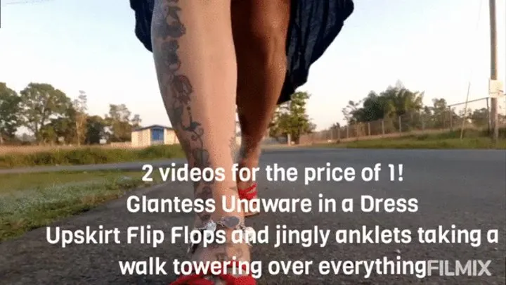 2 videos for the price of 1! GIantess Unaware in a Dress Upskirt Flip Flops and jingly anklets taking a walk towering over everything