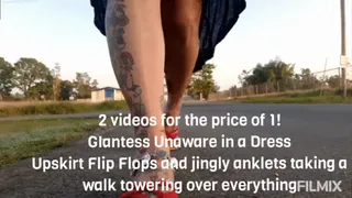 2 videos for the price of 1! GIantess Unaware in a Dress Upskirt Flip Flops and jingly anklets taking a walk towering over everything