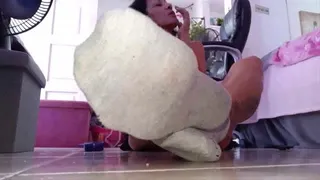 Smoking Sneezy Sock Sniffing Scratching Sweaty Snelly Socks and feet Soles Saturday Sweaty Snelly Sockplay Latina Milf Giantess Lola cones home after a long hot day working on her feet mjv