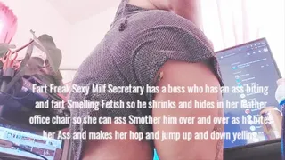 Fart Freak Sexy Milf Secretary has a boss who has an ass biting and fart Smelling Fetish so he shrinks and hides in her leather office chair so she can ass Smother him over and over as he bites her Ass and makes her hop and jump up and down yelling