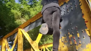 Latina Milf Giantess Lola Sexy Soles Toe Tapping pointing & DIPPING in Stappy Silver Sandals Shoe Play on a loud Old Metal Bridge