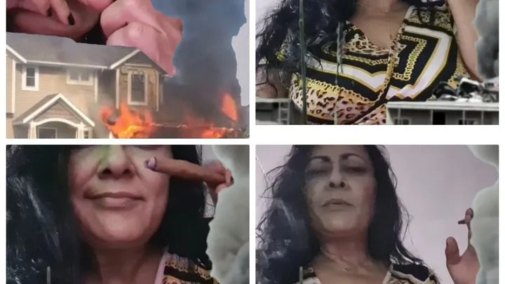 She likes to Watch it Burn Smoking Arsonist Giantess burns down a house and buildings laughing as she watches it burn