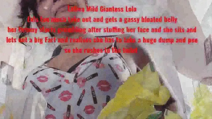 Latina Mild Giantess Lola Eats too much take out and gets a gassy bloated belly her tummy starts grumbling after stuffing her face and she sits and lets out a big Fart and realises she has to take a huge dump and pee so she rushes to the toilet