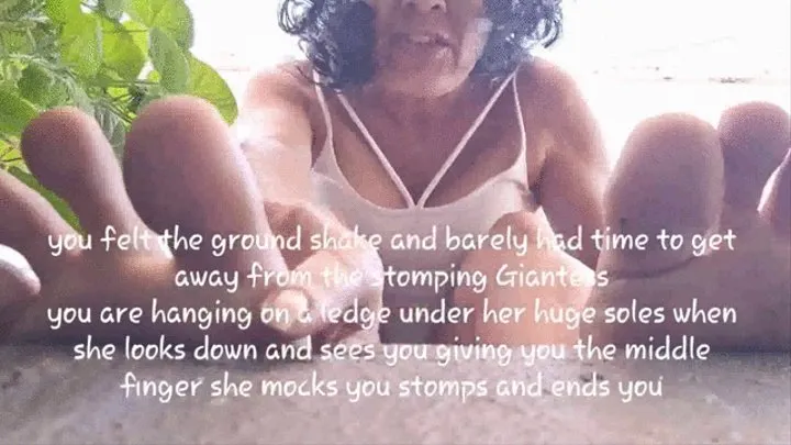 Stomping Giantess Executrix you felt the ground shake and barely had time to get away from the stomping Giantess you are hanging on a ledge under her huge soles when she looks down and sees you giving you the middle finger she mocks you stomps and ends yo