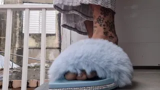 Blue Furry Diamond encrusted Flip Flops Shoe Play Giantess Unaware POV Foot Fetish Fun Sexy Long Toes