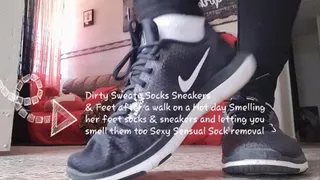 Dirty Sweaty Socks Sneakers & Feet after a walk on a Hot day Smelling her feet socks & sneakers and letting you smell them too Sexy Sensual Sock removal mkv