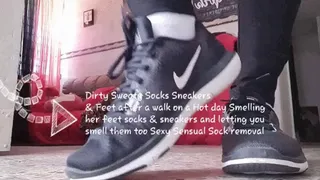 Dirty Sweaty Socks Sneakers & Feet after a walk on a Hot day Smelling her feet socks & sneakers and letting you smell them too Sexy Sensual Sock removal