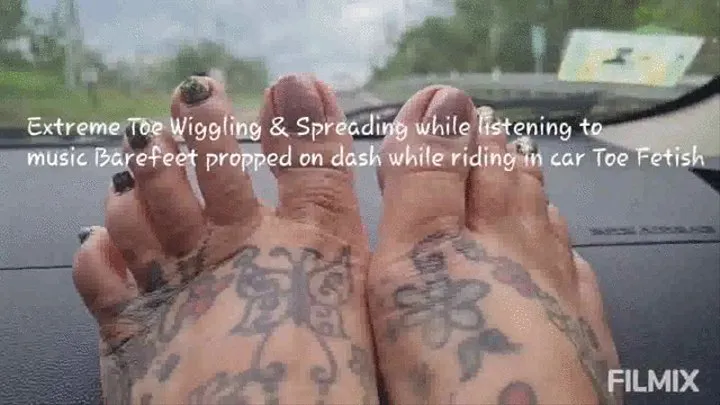 Extreme Toe Wiggling & Spreading while listening to music Barefeet propped on dash while riding in car Toe Fetish