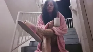 Tired Giantess unaware in pj shorts pink flurry robe Sexy Slippers Dangling & dipping Shoeplay drinking coffee Spycam on slippers mkv