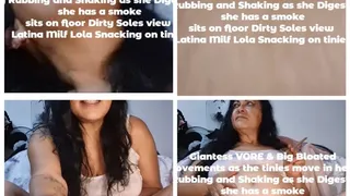 Giantess VORE & Big Bloated Belly Movements as the tinies move in her tummy Belly Rubbing and Shaking as she Digests them she has a smoke sits on floor Dirty Soles view Latina Milf Lola Snacking on tinies