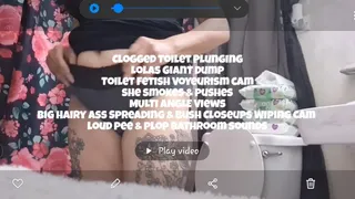 Clogged Toilet Plunging Lolas Giant Dump Toilet Fetish Voyeurism cam she smokes & pushes MULTI ANGLE Views Big Hairy Ass Spreading & Bush Closeups Wiping Cam loud pee & plop bathroom sounds