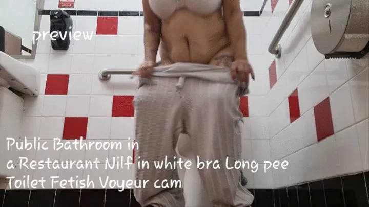 Public Bathroom in a Restaurant Nilf in white bra Long pee Toilet Fetish Voyeur cam