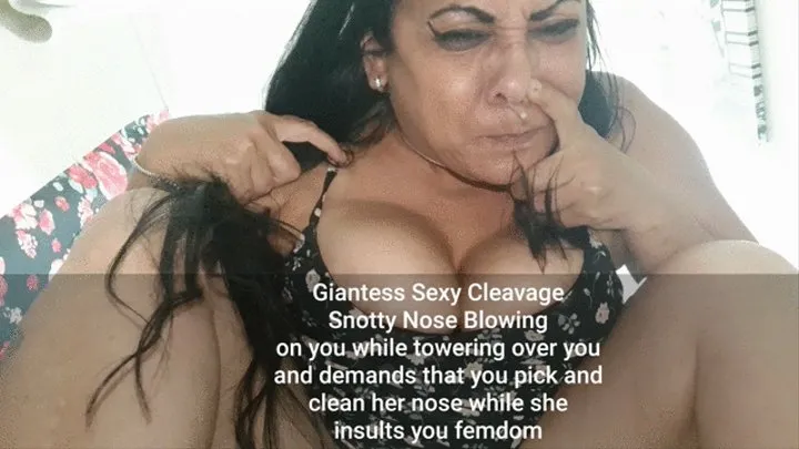 Giantess Sexy Cleavage Snotty Nose Blowing on you while towering over you and demands that you pick and clean her nose while she insults you femdom