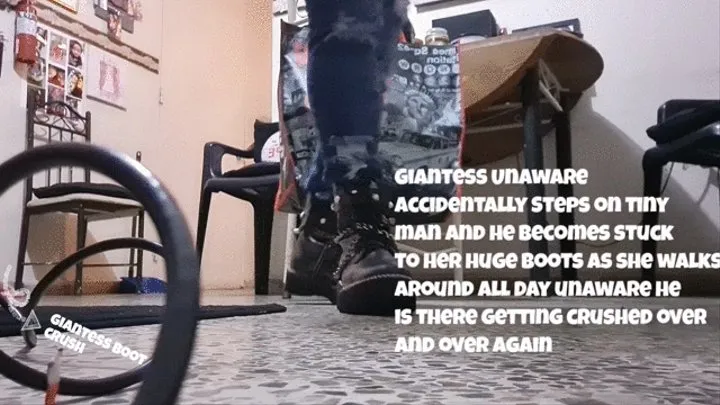 Giantess Unaware Accidentally Steps on tiny man and he becomes stuck to her huge boots as she walks around all day unaware he is there getting crushed over and over again mkv