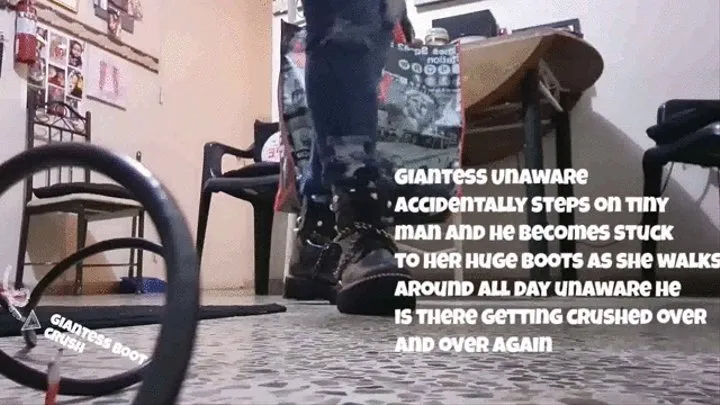 Giantess Unaware Accidentally Steps on tiny man and he becomes stuck to her huge boots as she walks around all day unaware he is there getting crushed over and over again