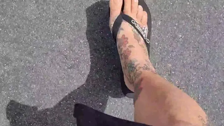 Giantess outside in a dress takes a walk in flip flop high heel wedge sandals stopping along the way to wiggle her unpainted toenails and show you her sexy soles foot fetish walking cam mkv