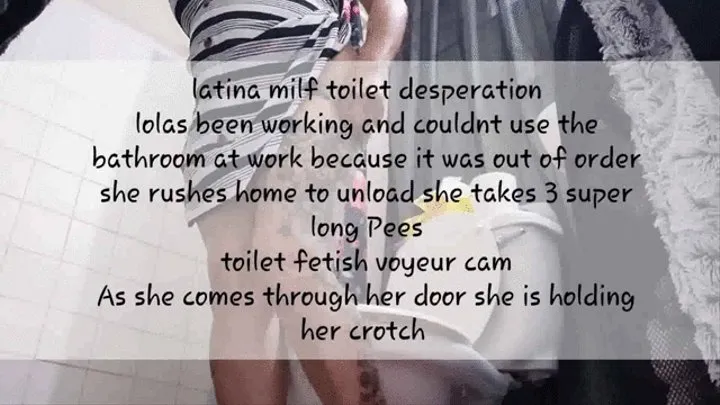 latina milf toilet desperation lolas been working and couldnt use the bathroom at work because it was out of order she rushes home to unload she takes 3 super long Pees toilet fetish voyeur cam As she comes through her door she is holding her crotch