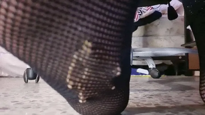FishNet Tight Stockings Foot Smother Crush For tiny man trapped in my stockings Toe Pointing and Wiggling under chair giantess unaware foot fetish voyeur cam