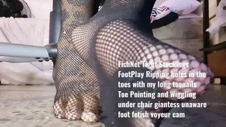 FishNet Tight Stockings FootPlay Ripping holes in the toes with my long toenails Toe Pointing and Wiggling under chair giantess unaware foot fetish voyeur cam