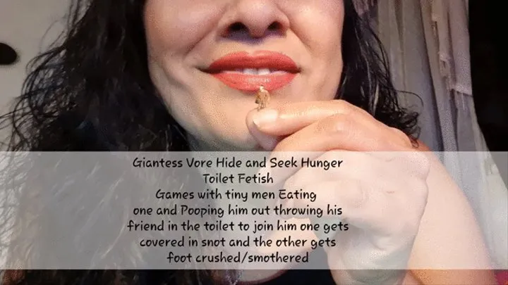 Giantess Vore Hide and Seek Hunger Toilet Fetish Games with tiny men Eating one and Ploping him out throwing his friend in the toilet to join him one gets covered in snot and the other gets foot crushed smothered mkv