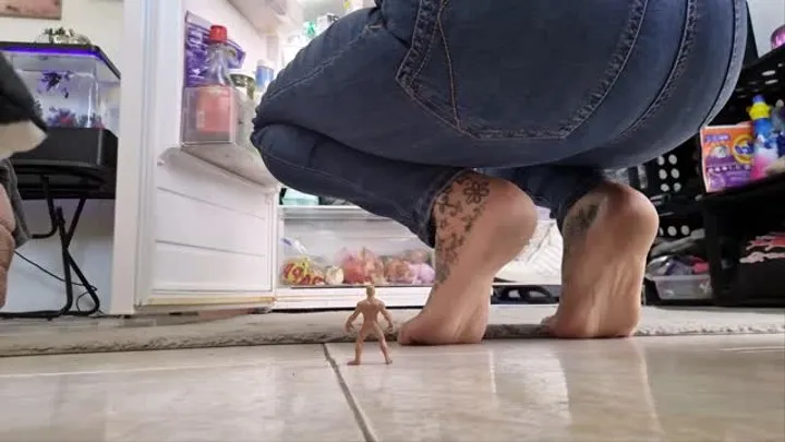 Lolas stepSon Shrunk himself and hid her glasses she stomps around barefoot looking for them foot and butt crushing and smothering him over and over making her hop and jump around as he bites her ass in jeans