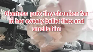 Giantess teacher puts tiny shrunken student in her sweaty ballet flats and smells him