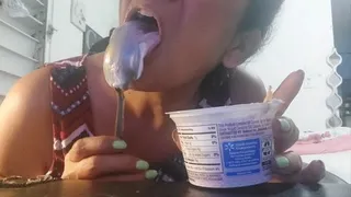 Giantess unaware accidental body tiny shrunken man gets eaten in whipped cream and yogurt spoon licking tongue and uvula show