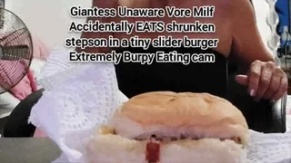 Mkv Giantess Unaware Vore Milf Accidentally EATS shrunken stepson in a tiny slider burger Extremely Burpy Eating cam
