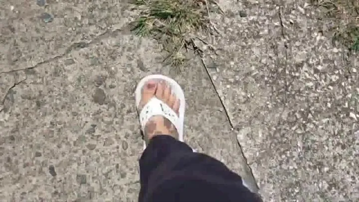 Giantess Lola walks in flip flops tepping on and Crushing random things in her way Toe Wiggling Foot fetish walking cam