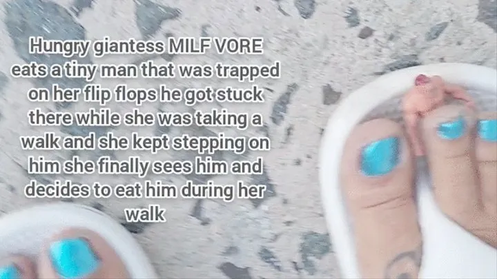 Giantess VORE unaware milf in jean shorts Flip flops takes walk stomping Towering over you, Tiny man gets Stuck and Trapped on her Huge Flip Flops Between her Big Toes FEE FI FO FUM I smell tiny human she finally notices him and devours him drooling in