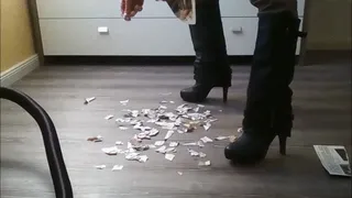 Vacuuming Newspaper in black Boots with buckle