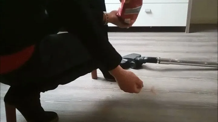 Vacuuming Mini Bread Chips with black Overknee Boots