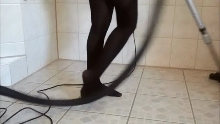 Vacuuming and Posing in black Pantyhose