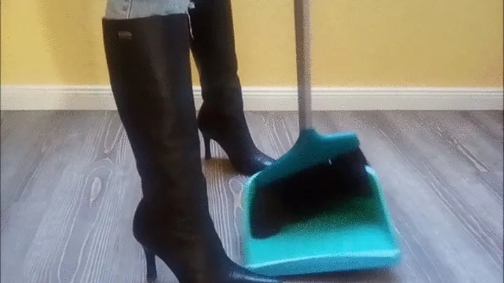 House cleaning and Posing with Broom and sweeping sheet in my Black boots