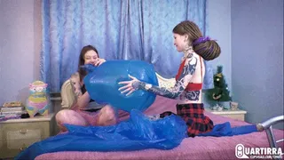 Q485 Ava and Leya blow big plastic bags to pop