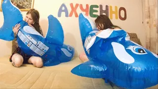 Q523 Ava and Leya blow, ride and deflate two blue Intex Dolphins