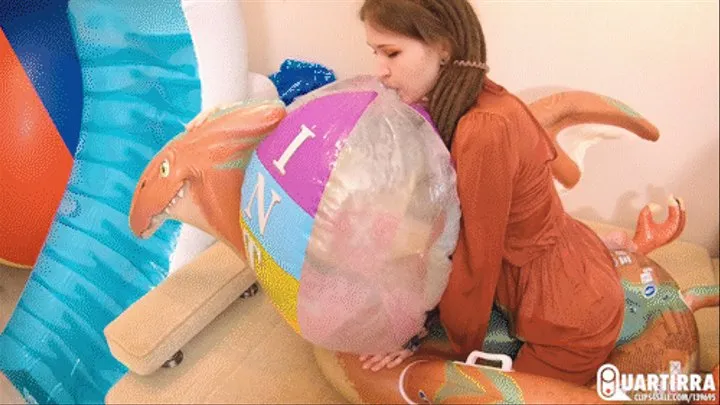Q529 Ava rides inflatable float and sensually blows big Intex beachball