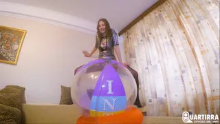 Q288 Leya pumps and rides big beachball till it bursts under her!