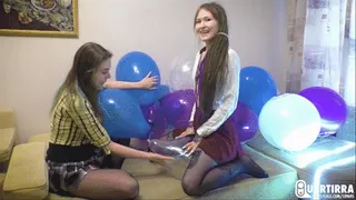 Q386 Ava and Leya pop big balloon bunches together